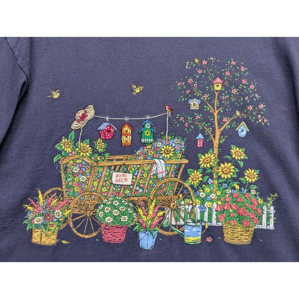 Vintage Navy Blue Short Sleeve Tee with Colorful Floral Cart Graphic